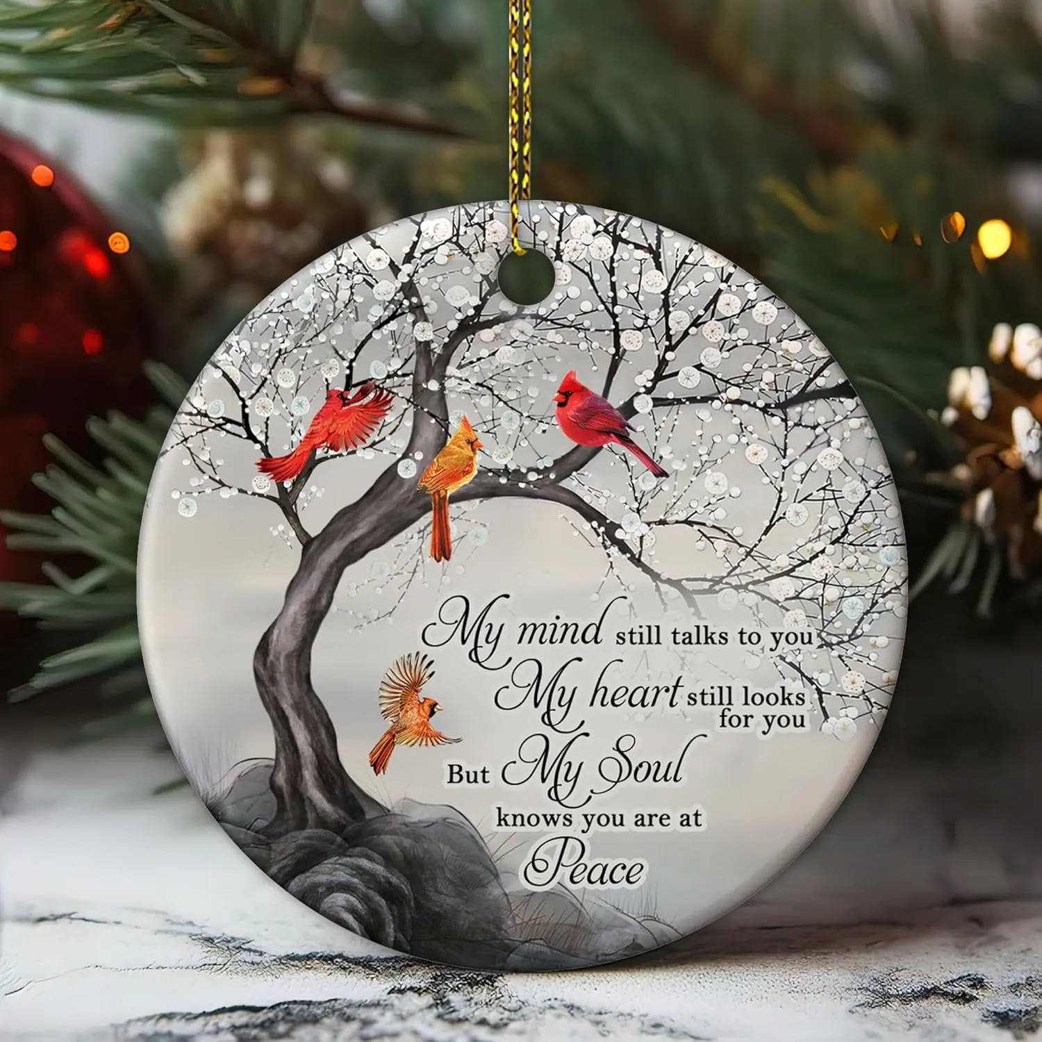 My Mind Still Talks to You Cardinal Circle Ceramic Ornament - Memorial Christmas Ornament Gifts for Loss of Loved One in Heaven - Memorial Hanging Home Decorations Ornaments - 3' Inch