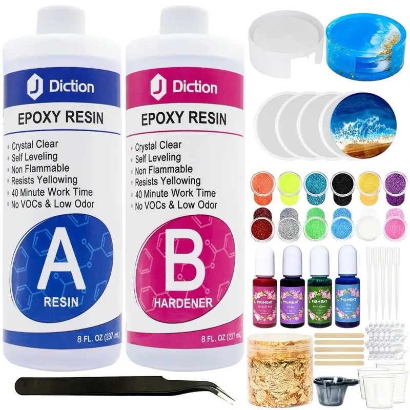 16oz Epoxy Resin Kit with Coaster Molds, Pigment, Glitter & Gold Flakes