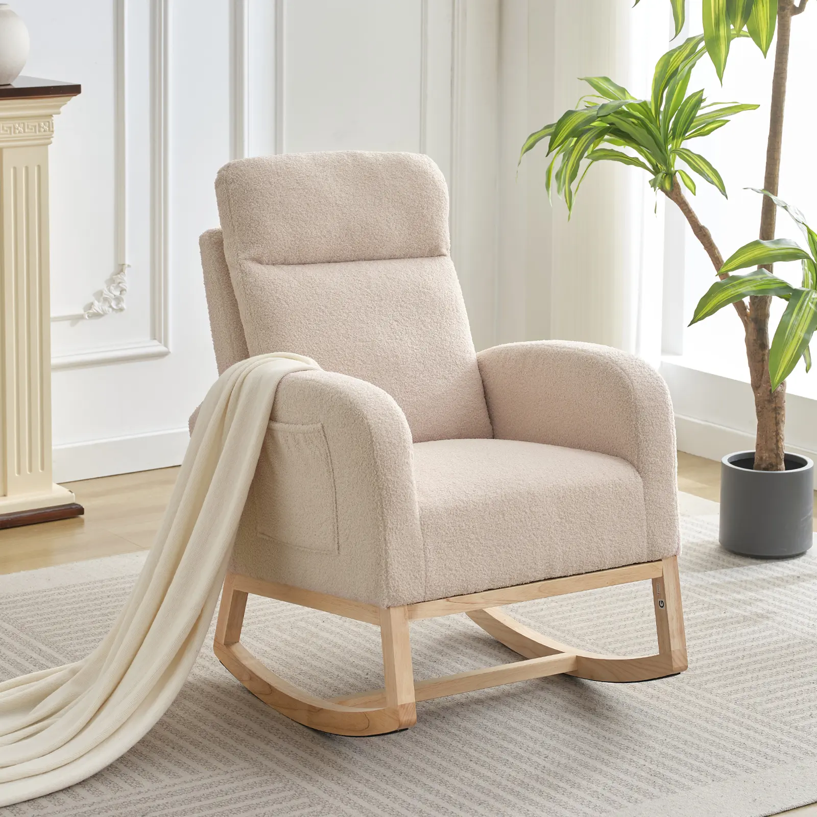 Teddy Fleece/PU Rocking Chair,Upholstered Glider with 26" High Backrest, Padded Seat,Modern 300 Lbs Weight Capacity Accent Recliner for Living Room, Bedroom, Reading