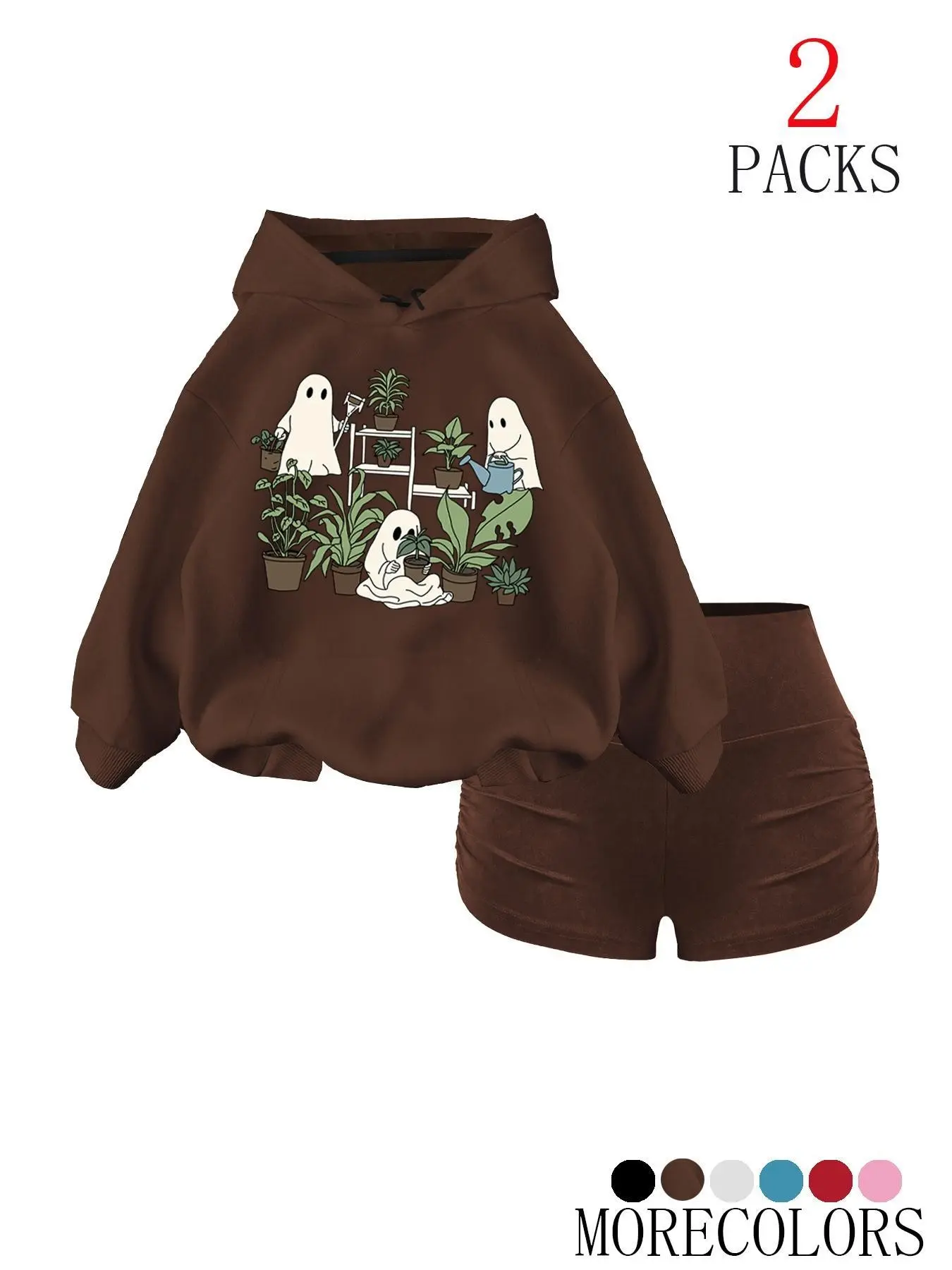 Women's Fall Winter Warm Casual Hooded Sweatshirt Set, Preppy Style Knit Pullover with Drawstring & Pocket, Halloween Print, 2 Piece