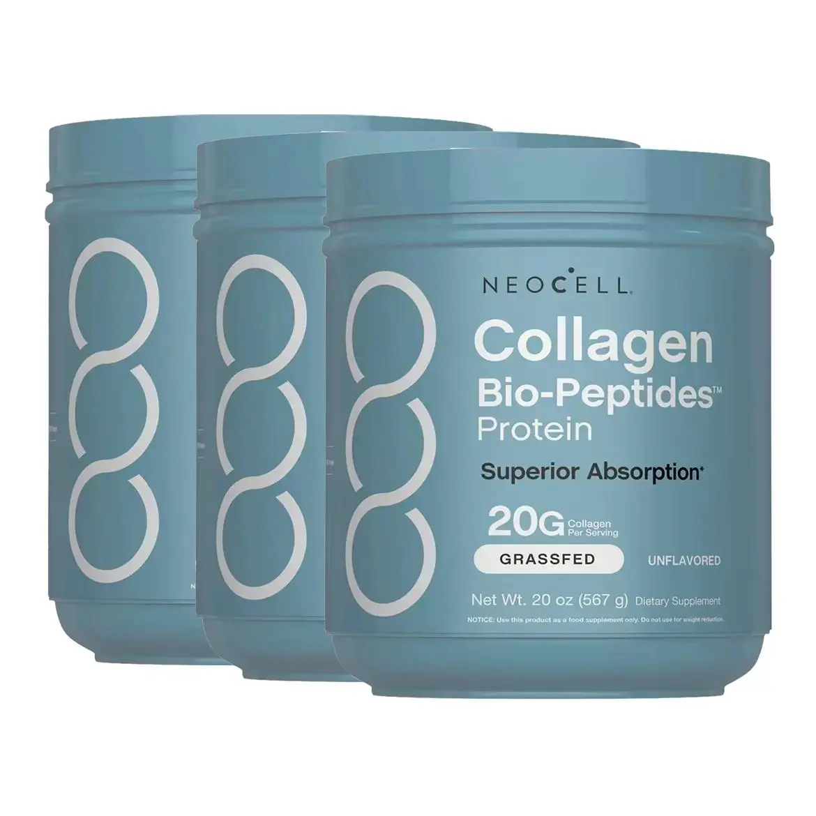 3 Bottles NeoCell Collagen Bio-Peptides Powder 20oz - Grassfed Protein Supplement - Advanced with 18 Essential Amino Acids