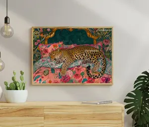 Sleepy Leopard in a Vintage Bed Print - Pink & Emerald Green Maximalist Wall Art