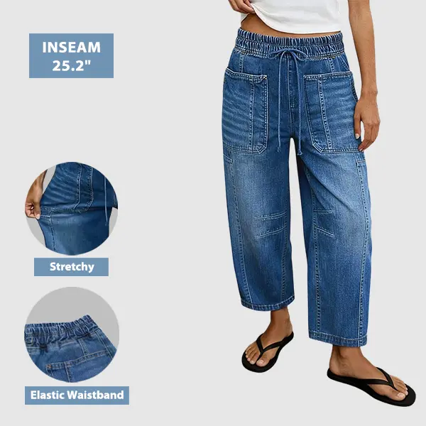 Flamingals Drawstring Patched Pocket High Waist Barrel Leg Jeans Womenswear Stretchy 25.2" Inseam Flamingals Drawstring Patched Pocket High Waist Barrel Leg Jeans Womenswear Stretchy 25.2" Inseam