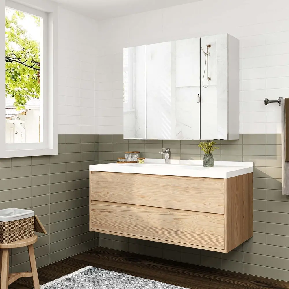 SIKAIC Modern Waterproof MDF White Bathroom Mirror Cabinet - 3-Door Hinged Configurable Adjustable High-Transparency Medicine Cabinet, 3 Adjustable Shelves, Hidden Handle, Pre-Drilled Storage Organizer, Configurable Mirror Cabinets, Hinged Mirror Cabinets