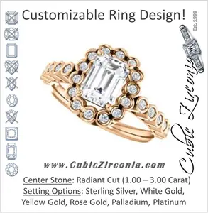 Cubic Zirconia Engagement Ring- The Journie (Customizable Radiant Cut Design with Round-Bezel Cluster Halo and Round Bezel Band Accents)