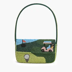 America and Beyond Golf Glimmer Shoulder Bag for Women | Hand-Beaded Golf Scene Purse | Novelty Golf Gift for Her | Beaded Strap Crossbody Clutch