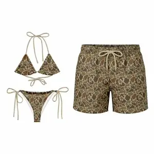 Cheetah Leopard Matching Couple Swimwear Set – Women’s Tie Side Bikini & Men’s Quick Dry Swim Shorts Summer Beach Outfit, Gift For Her
