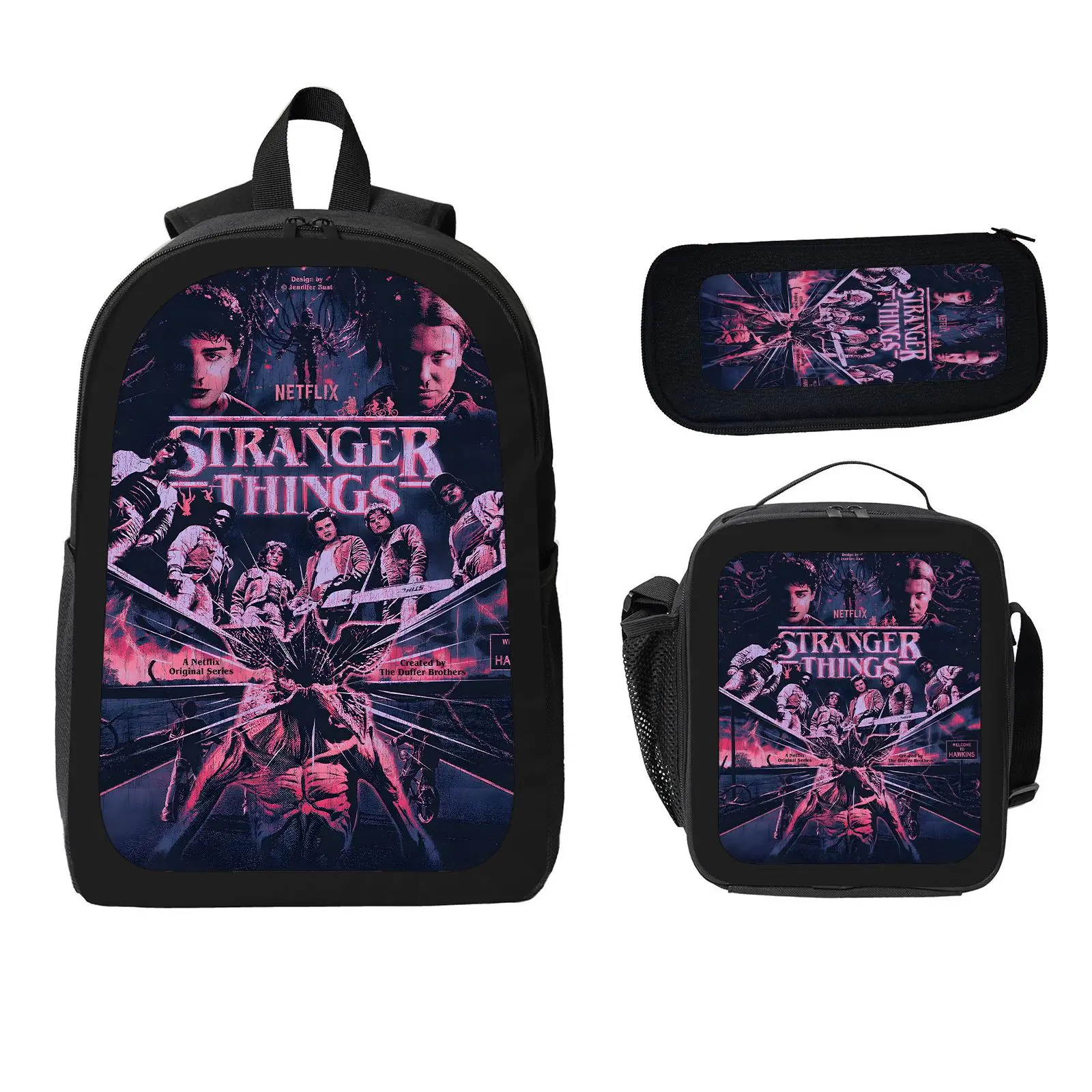 Unisex Stranger Things 3-Piece School Backpack Set Pack for Kids, Large Capacity Water-Resistant Bookbag with Insulated Lunch Bag & Pencil Case, Elementary-Middle School Travel Daypack c-76, Tv Show