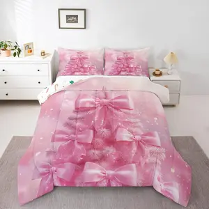 Pink Kawaii Christmas Tree Comforter Set,Cute Bowknot Xmas Decor Bedding Set,Winter Christmas Holiday Bedding Comforter Sets,Festival Snowflake Quilt