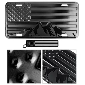 American Flag License Plate with Mountains and Nylon Flag Key Tag