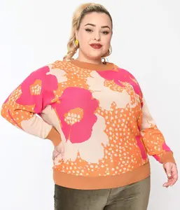 Plus Size Rust Orange & Fuchsia Floral Knit Sweater Knitwear Pullover