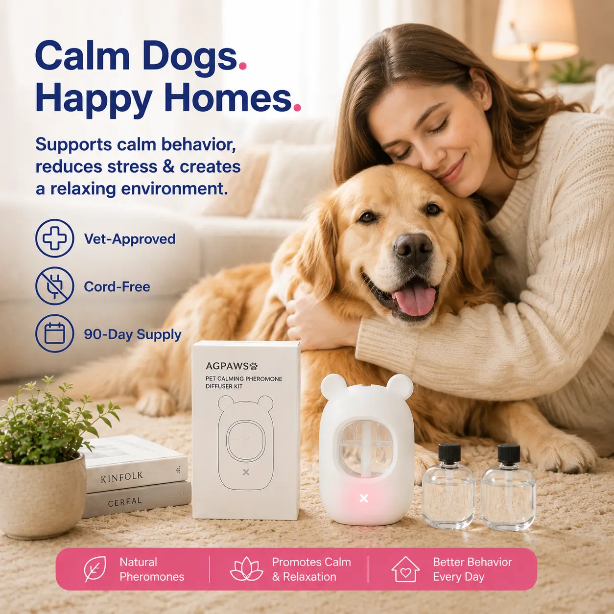 Dog Calming Diffuser for Anxiety & Stress Relief, Pet Pheromone Diffuser for Dogs, Helps Reduce Barking, Separation Anxiety & Indoor Accidents, Portable Cordless Calming Device