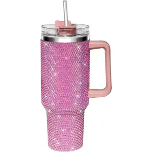 40oz Tumbler with Handle-Glitter Rhinestones Tumbler Bling Cups Stainless Steel Water Bottle Diamond Studded Tumbler for Women-Birthday Gifts for Women, Mom, Wife, Girlfriend (40 oz, Pink)