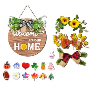 All-Season Front Door Decoration, Wooden Welcome Sign 12x12 Inch Round Hanging Wreath for Porch, Entryway, and Home Wall Decor, Halloween Christmas Decor