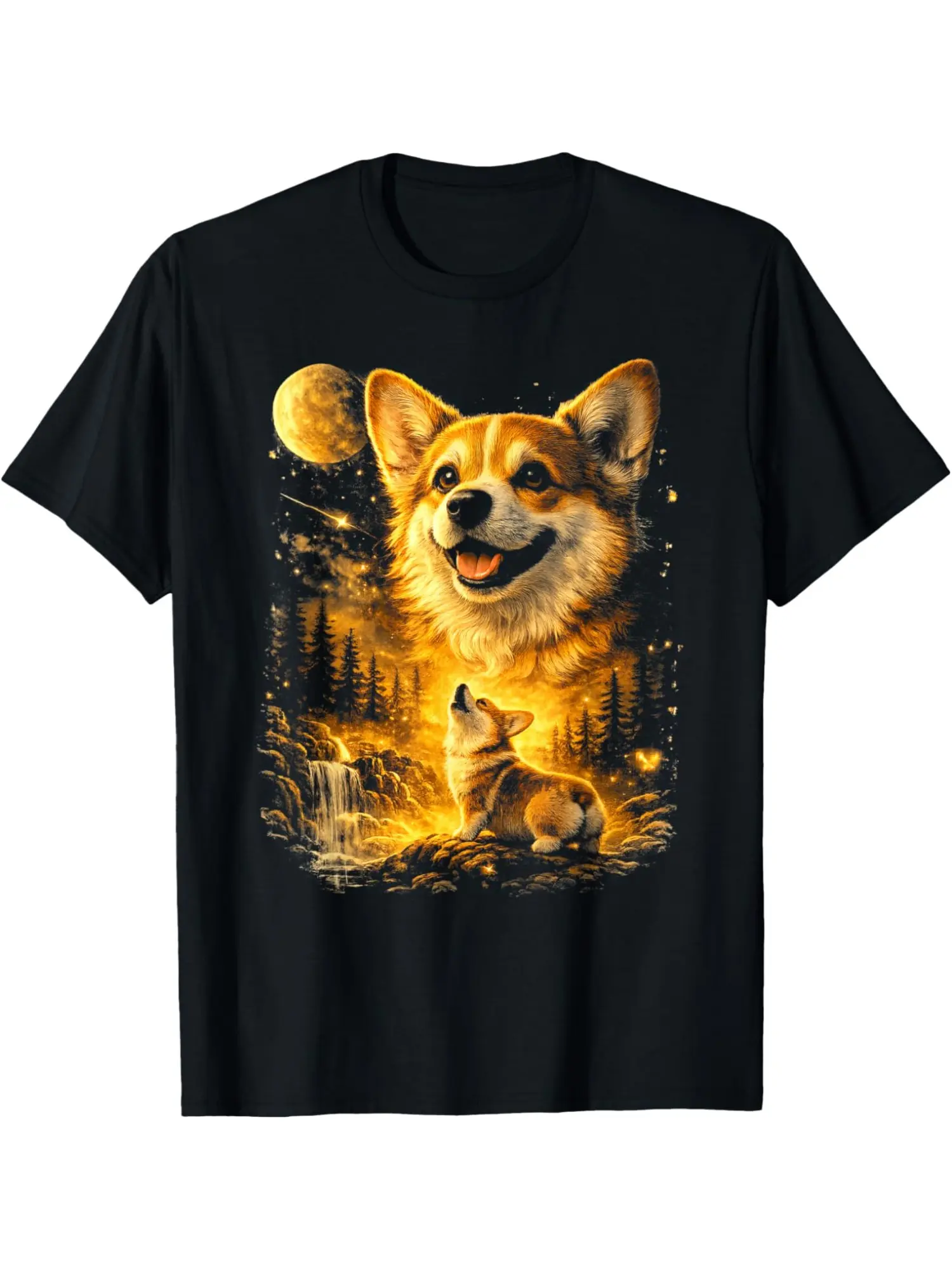 Funny Corgi Howling at The Moon T-Shirt - Vintage Mystical Corgi Dog Art,  Cotton Round Neck Short Sleeve Casual Shirt Suitable for Year-Round Wear, Corgi Lover Gift for Everyday Outfits & Themed Events