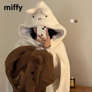 Kawaii Miffy Boris Cloak Cute Thick Warm Blanket Shawl with Hat Nap Blanket Toy Gift