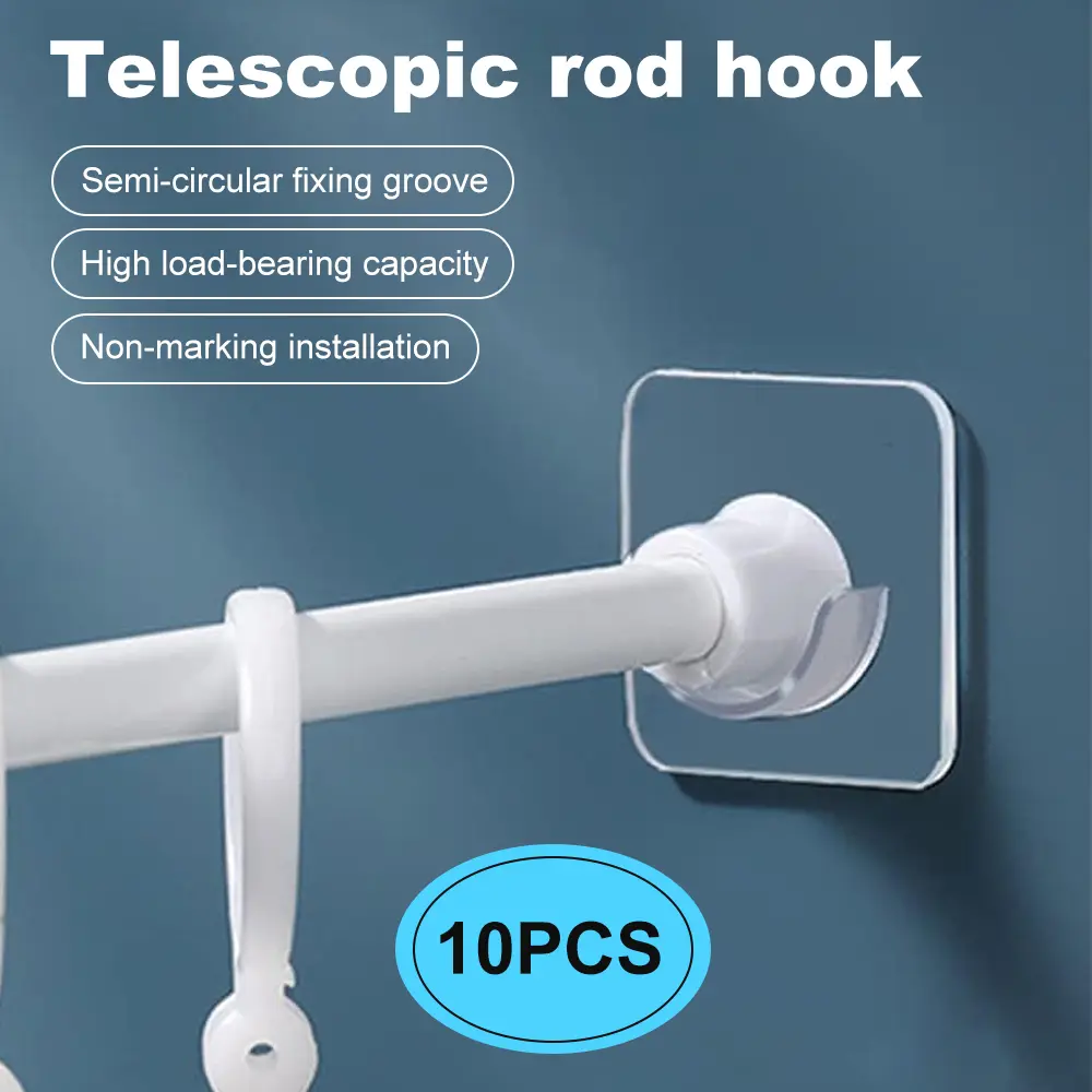 10PCS Thickened ABS Transparent Curtain Rod Hooks - 7x7x1 cm Anti-Slipping Adjustable Groove Tension Rod Brackets, Self-Adhesive No-Drill Non-Marking Heavy-Duty Drapery Holders for Living Room, Bathroom Window