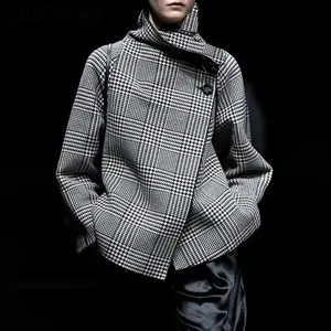 UOOZEE  TikTok Exclusive Women's 2025 New Autumn Winter Coat Plaid Stand Collar Jacket, Fashion Retro Plaid Houndstooth Pattern Button Asymmetric Light Coat for Commuting, Casual Outing or Dating Fit Womenswear Elegance winter outfits coat jacketswomen