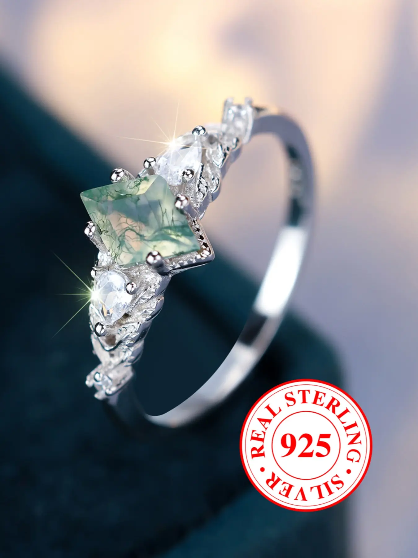 S925 Sterling Silver Rings for Women & Girls Sea Grass Agate Elegant Engagement Ring Stackable Design, Unique Rings, Beautiful Rings, Bridal Statement Ring, Engagement Wedding Rings, Birthday & Anniversary Gift Daily Wear Jewelry(with Box)