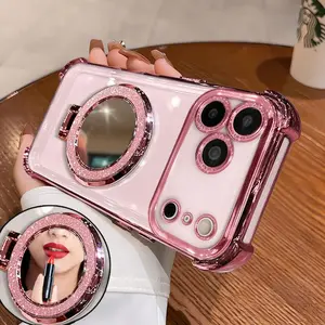 Women's Phone Case with Mirror & Stand for iPhone 17 ProMax/ Pro/ Air. Features a pink chrome alloy frame, high-definition transparent material, reinforced corner protection, and full-body drop-resistant design., Travel Phone Cover, Phone Protection