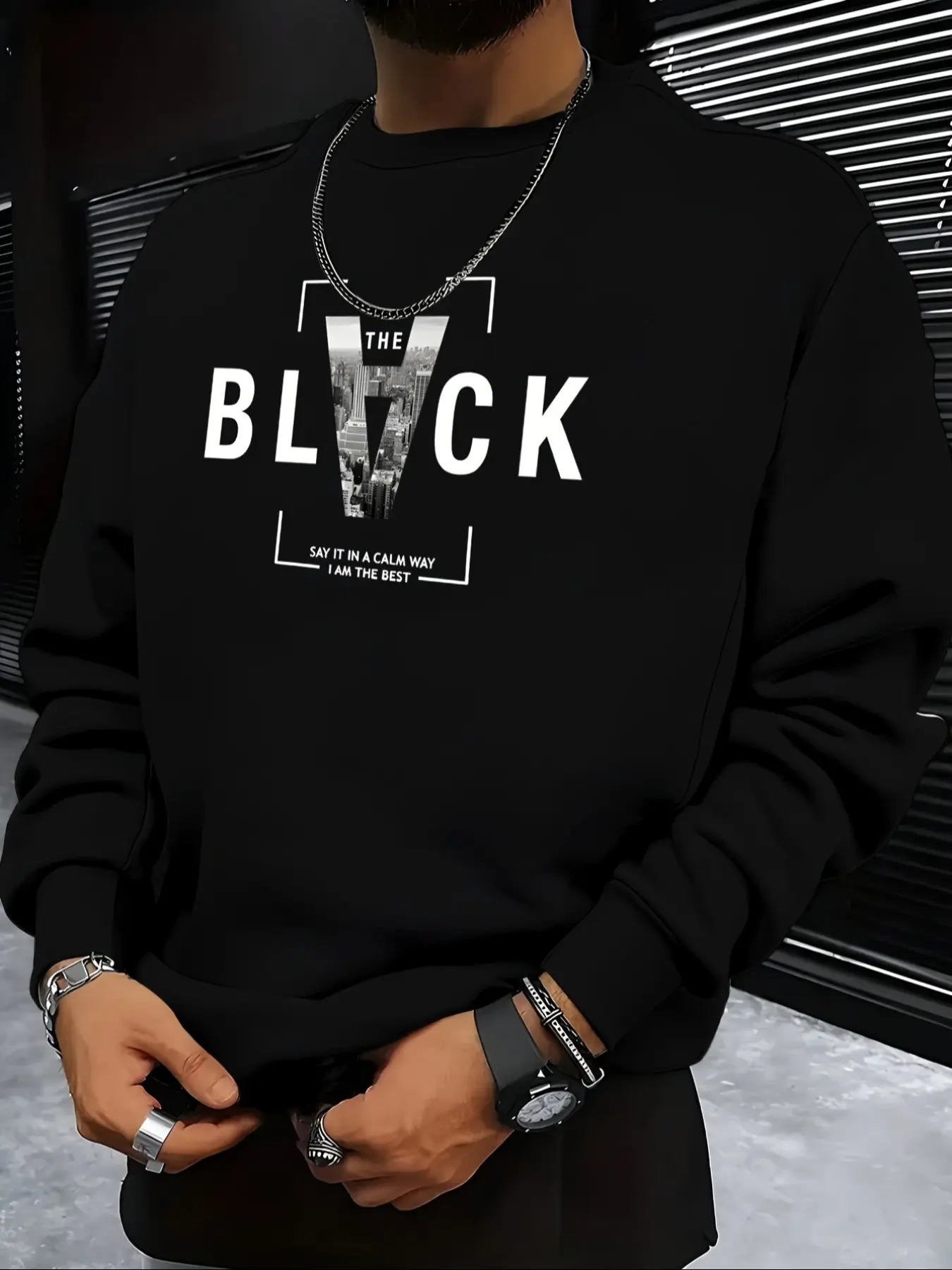 City Theme Graphic Print Round Neck Crewneck Long Sleeve Sweatshirt, Loose Fit Streetwear Casual Top for Fall & Winter, Daily Wear, Man, Crewneck Sweatshirt Tops