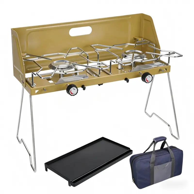 Portable Camping Stove, Foldable 2-in-1 Gas BBQ Grill with Dual Burners & Non-Stick Griddle, Compact Metal Frame with Carry Bag for Outdoor Cooking, Folding Legs, Includes Bag, Outdoor Barbeque Grill, Hiking Gear, Practical Kit, Outdoor Cooking Station, B
