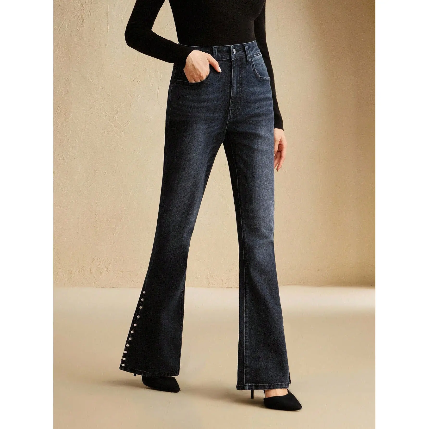 Dark Gray Gradient Whisker Wash High Waist Single Button Full Pearl Studded Side Split Hem Slim Flare Floor Length Denim Pants Women Soft Stretch Denim Y2K Coquette Ballet Girly Office Casual Bottoms