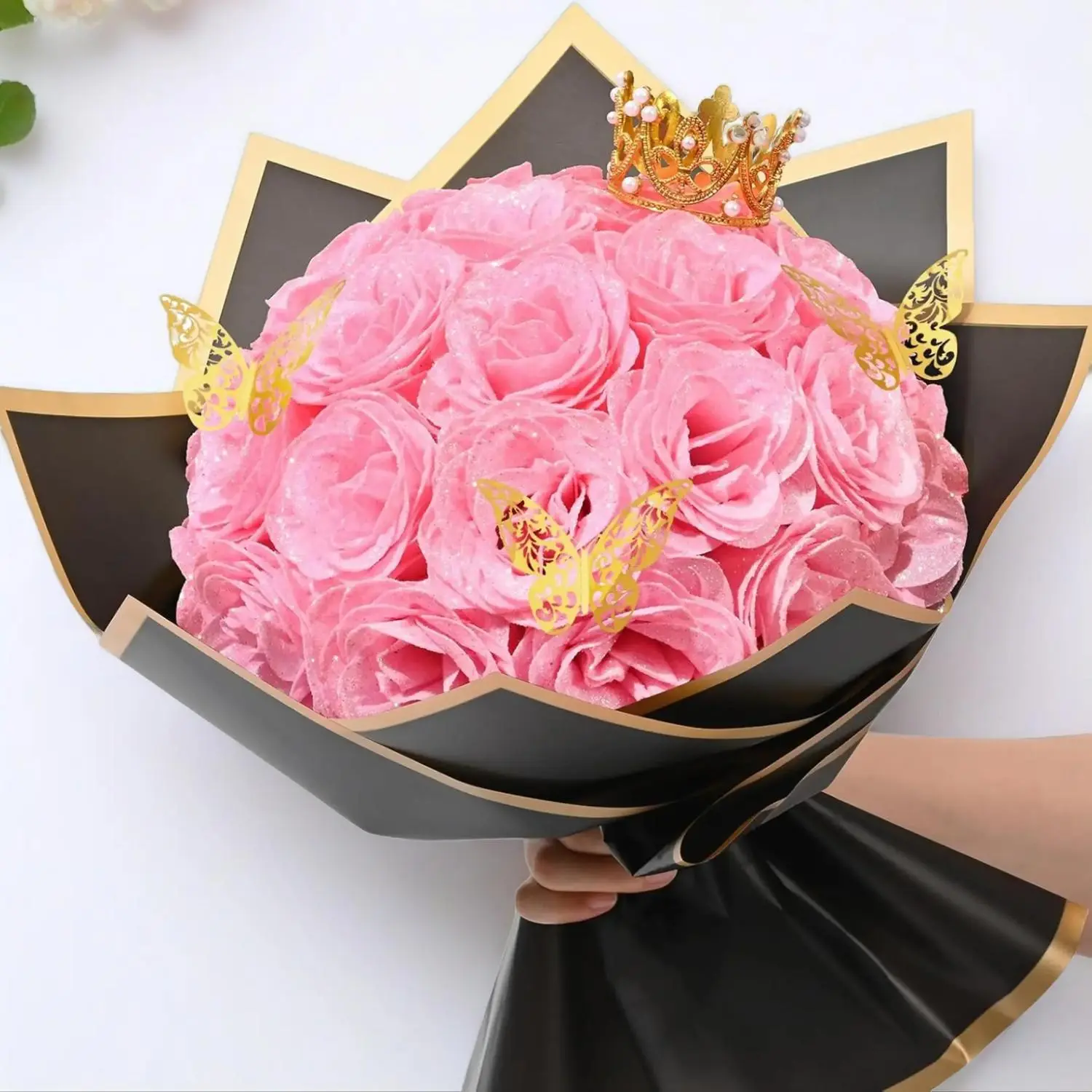 Pink Glitter Roses Bouquet, DIY Fake Flowers Bouquet, Decorative Flowers Bouquet, DIY Floral Arrangements, Everlasting Artificial Rose Bouquet, Artificial Flower Arrangements for Valentine's Day, Anniversary, Christmas Gift, 24 Roses