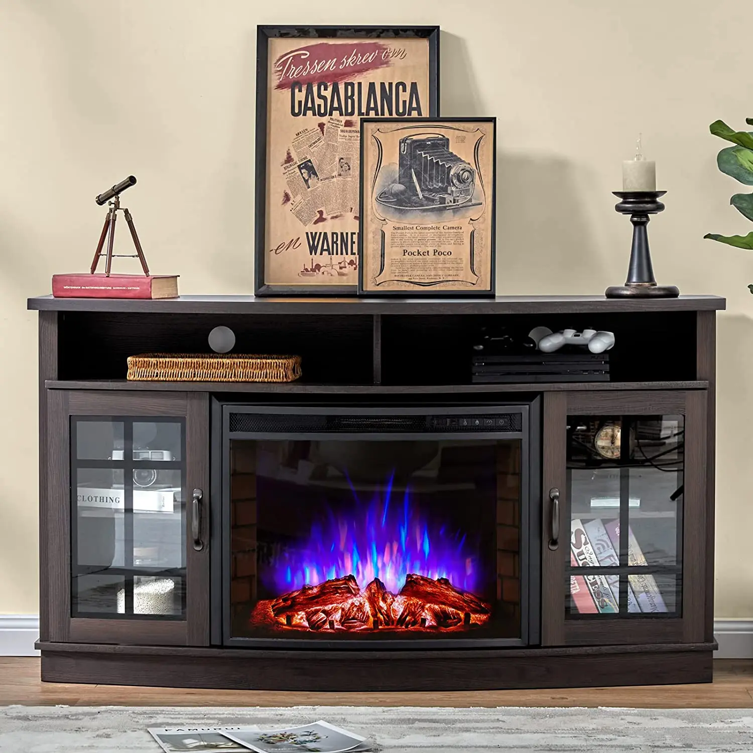 AMERLIFE Curved Fireplace TV Stand with 26" Electric Fireplace, Media Entertainment Center Farmhouse Glass Door Storage Cabinet for TVs up to 65"