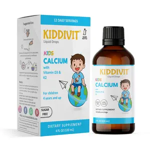 Kiddivit Calcium Liquid Drops for Kids with Vitamin D3 & K2-12 Daily Servings, 4 Fl Oz (120 mL) - Inulin Fortified (Prebiotic, Dietary Fiber) - Sugar Free, Gluten Free, Vegetarian Friendly