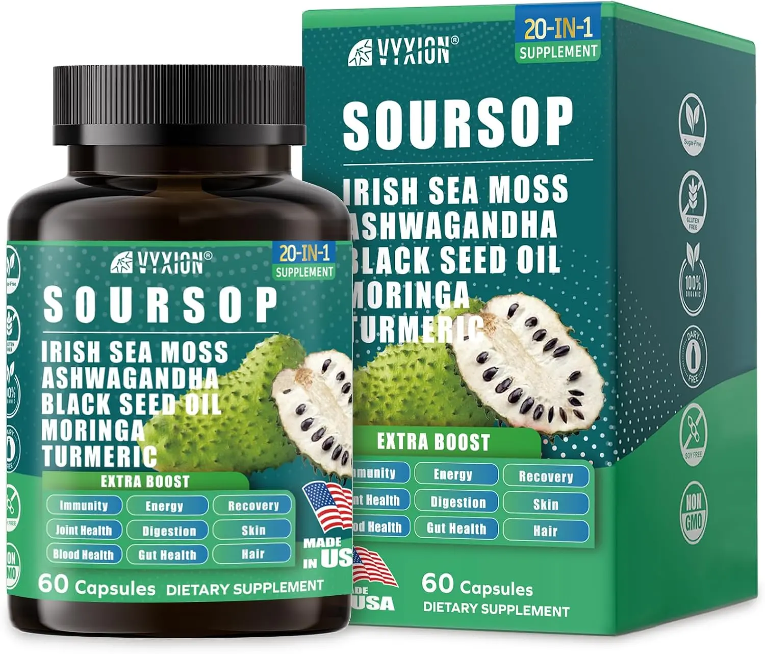 Soursop Graviola Supplement Capsules with Sea Moss, Moringa, Turmeric & Black Seed Oil | 20-in-1 Comprehensive Herbal Extract Complex for Daily Immunity & Overall Health | Natural Botanical Formula | Vegan & Non-GMO | 60 Capsules