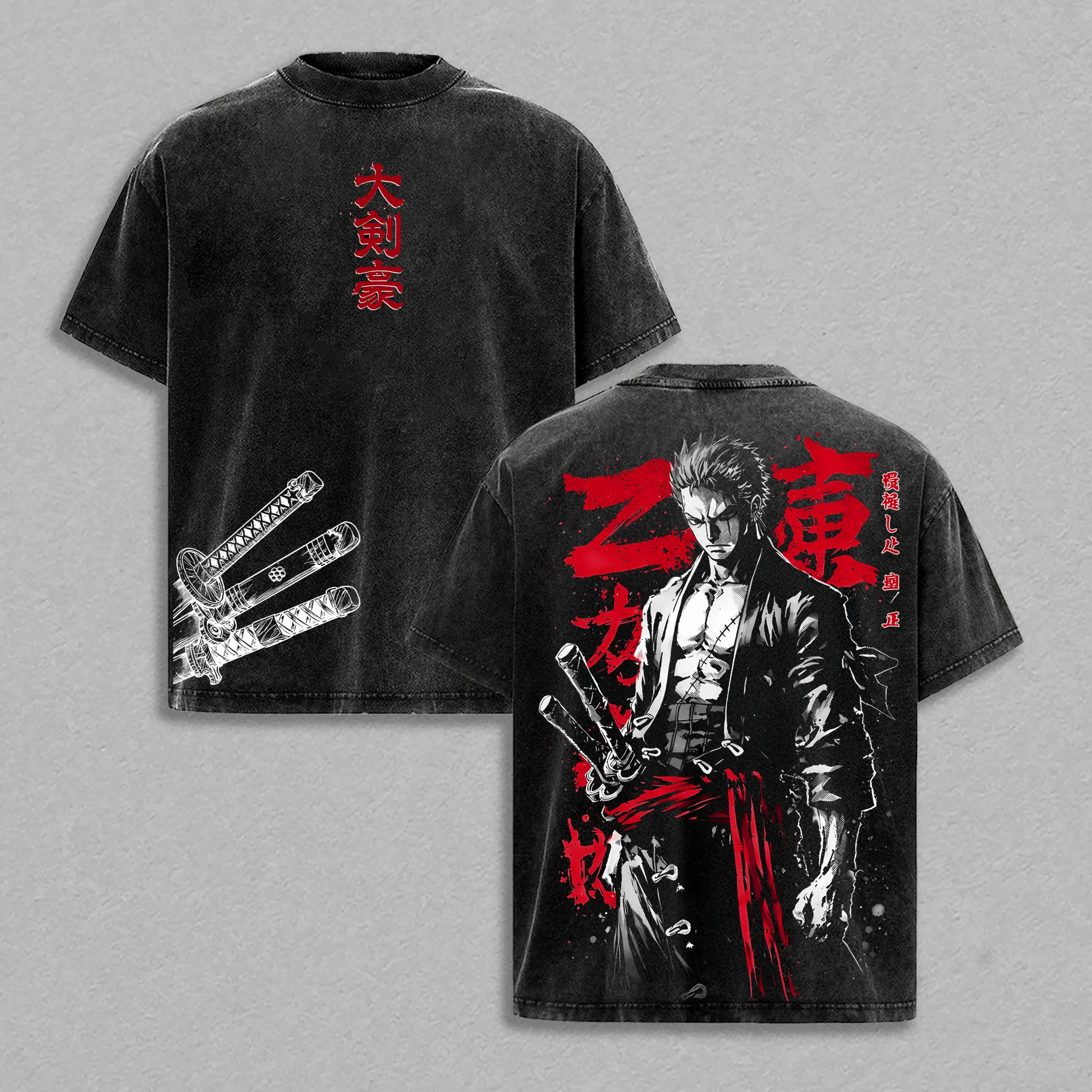 Zoro - OP Vintage Clothing Washed T-Shirt | Anime Zoro Back Print Shirt | Heavyweight Cotton | Unisex Streetwear Top Casual Wear | Three Swordsman Graphic Tee | Gift for Anime Fans