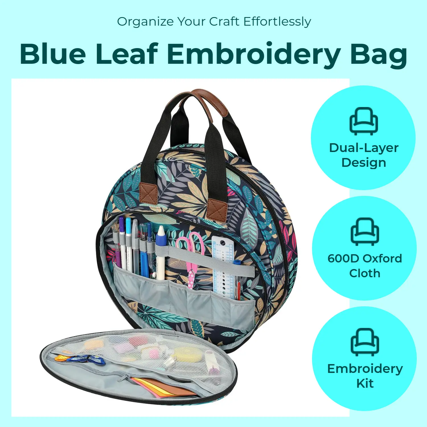 Home Supplies 2-Layer 600D Oxford Cloth Dustproof Blue Leaf Embroidered Bag, Round Embroidery Tool Storage Tote with Compartments, Portable Cross Stitch Needlework Organiser, 2 Layers