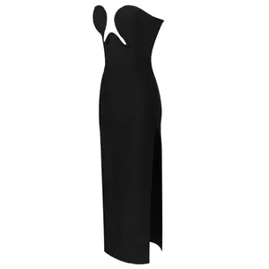 Women Sexy Strapless Backless Black Maxi Long Slit Bodycon Bandage Dress Elegant Evening Cocktail Party Club Dress Formal Womenswear Sleeveless