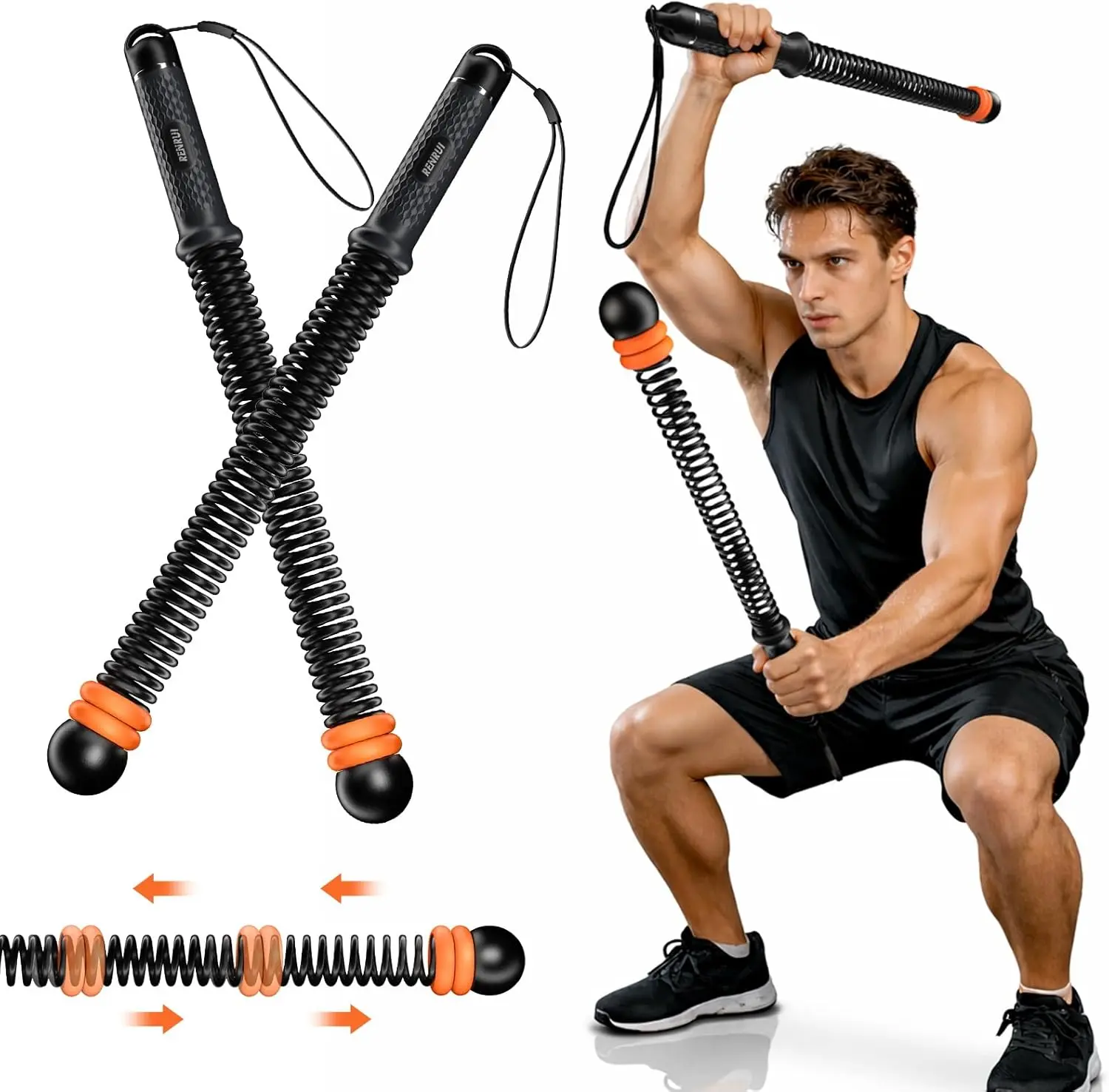 RENRUI Cordless Weighted Ropeless Battle Ropes with Adjustable Resistance Springs - Home Workout Gym Equipment, Portable Fit Exercise Equipment for Strength Training & Cardio Workouts