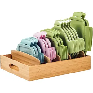 Kitchen Cabinet Organizer for Food Storage Container Lids, with Adjustable Dividers, Bamboo Drawer Caddy, Box for Kitchen Storage And Organization
