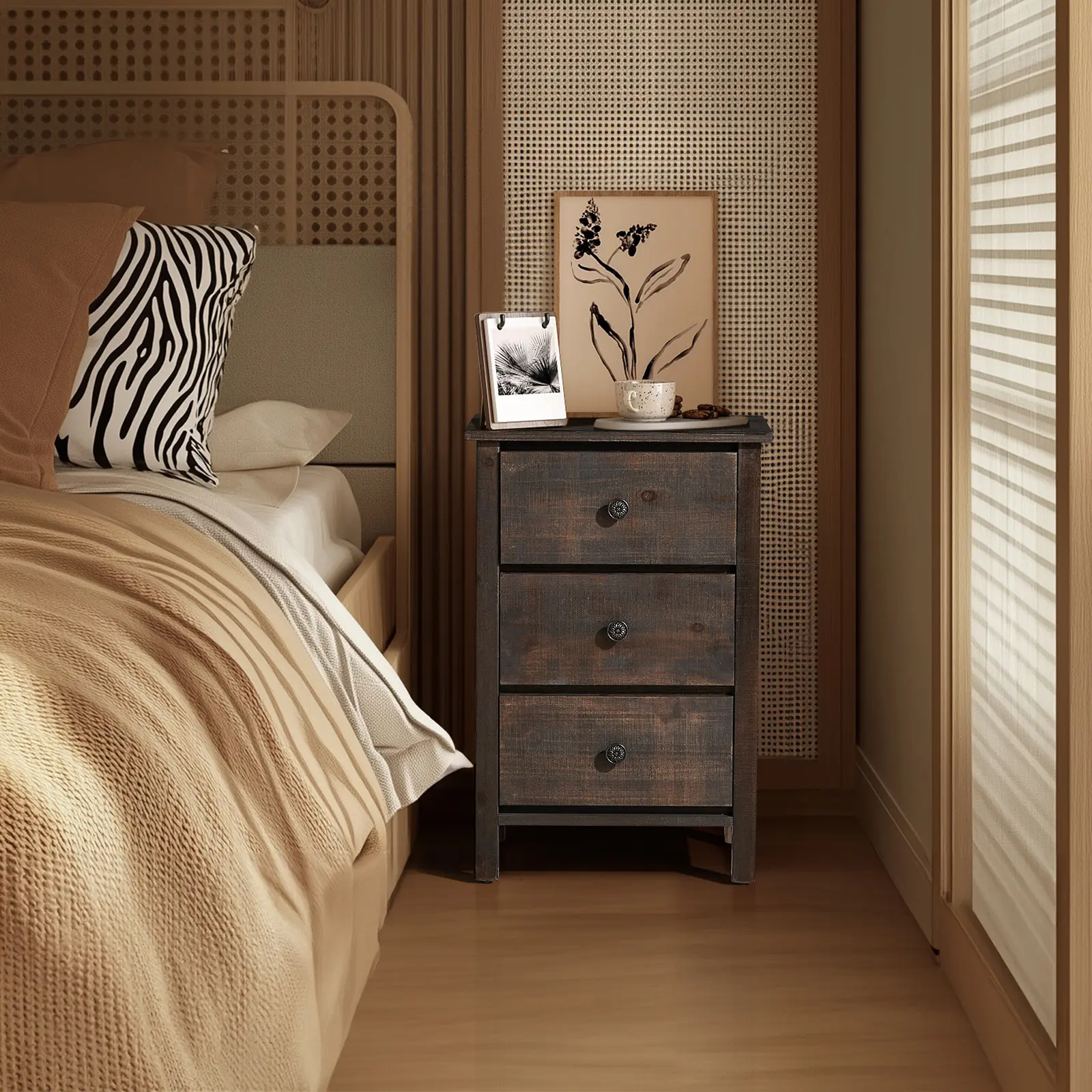 Brown MDF with solid wood veneer 66*45*68cm three-drawer bedside table