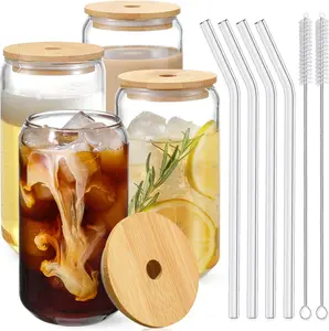 16oz 4pcs Drinkware Set - Drinking Glasses with Bamboo Lids, Glass Straws and 2 Brushes, Ideal for Iced Coffee, Aesthetic Coffee Bar Accessories & Gift