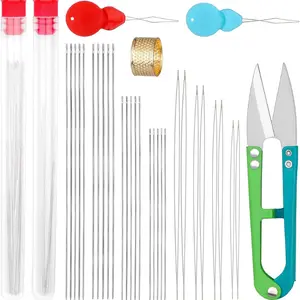 28 Pcs Beading Needles Set Include 20 Pcs Long Straight Beading Thread Needles + 8 Pcs Big Eye Beading Needles, Embroidery Needles with Needle Bottle, Thimble, Needle Threaders for Jewelry Making, Professional beading needles set