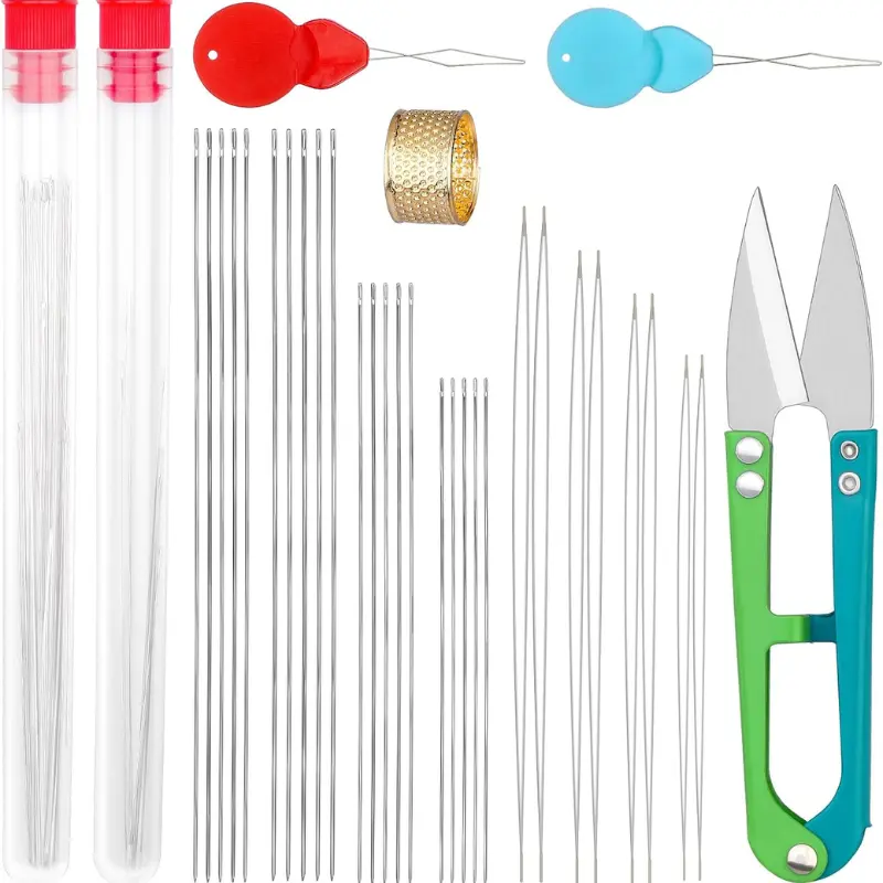 28 Pcs Beading Needles Set Include 20 Pcs Long Straight Beading Thread Needles + 8 Pcs Big Eye Beading Needles, Embroidery Needles with Needle Bottle, Thimble, Needle Threaders for Jewelry Making, Professional beading needles set