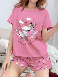 Women's Cartoon Airplane Print Tee & Shorts Pyjama Two-piece Set, Casual Comfy Round Neck Short Sleeve T-shirt & Shorts PJ Set, Ladies Summer Sleepwear Loungewear, Pajamas Set