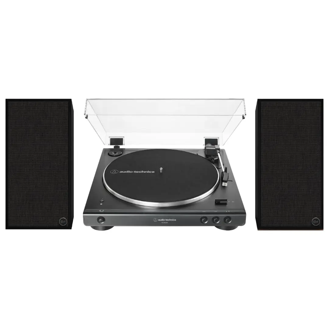 Klipsch The Sevens Heritage Inspired Powerful Wireless Loud Bass Speakers (Black) Bundle with 60XBT-BK Fully Automatic Belt-Drive Stereo Turntable, Vinyl Playback, Wood & Aluminum Construction, Dust Cover, 1-Inch Titanium Tweeter, 33 1/3 & 45 RPM Support,