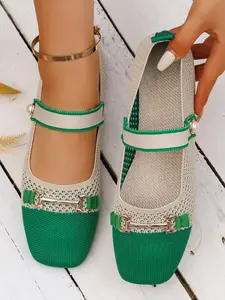 Women's Colorblock Mary Jane Flats, Beaded Metal Buckle, Lightweight Breathable, Casual Comfort Walking Shoes for Daily Commute and Dates