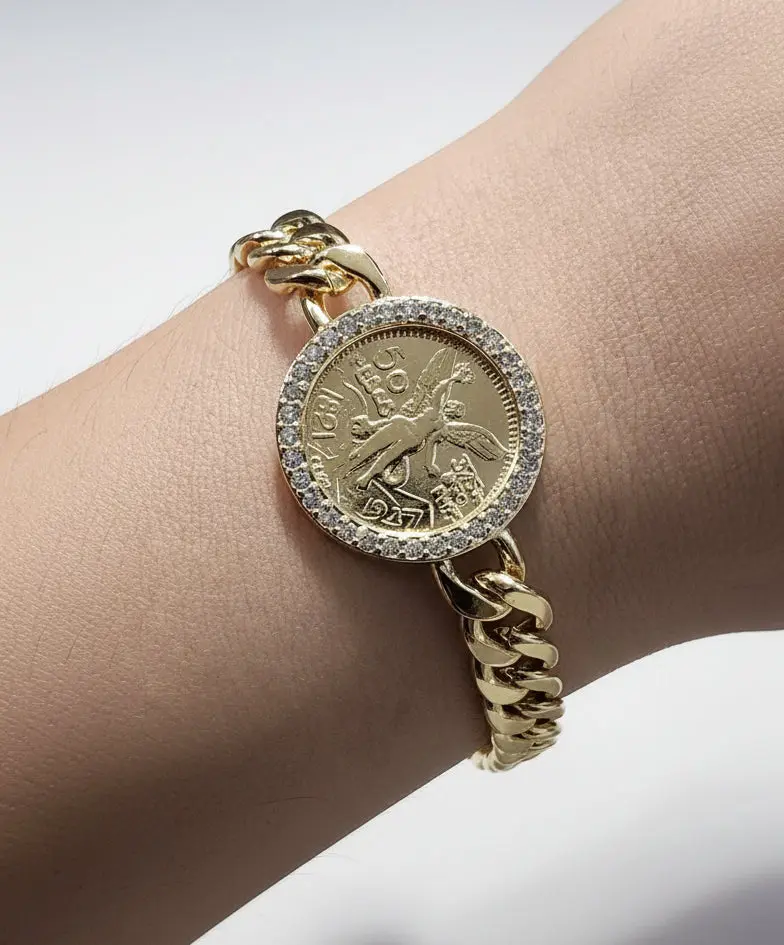 Miami Cuban Link Bracelet for Women, Exquisite Jewelry with a Double-Sided Centenario Coin Charm, 5mm Links, Toggle Clasp with White Stones, Adjustable 7-9 Inch, Miami Cuban Bracelet, Exquisite Bracelet