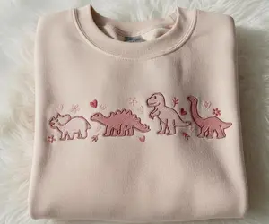 [Made in US] Dinosaur Valentines Embroidered Sweatshirt Cute Dino Love Heart Cozy Unisex Crewneck Funny Valentine Gift for Dino Lovers