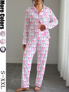 【Christmas】Women's Christmas Print Pajama Set, Fitted Long Sleeve Shirt & Elastic Pants, Soft Stretchy Fabric, Casual Home Wear, Sleepwear Loungewear Set