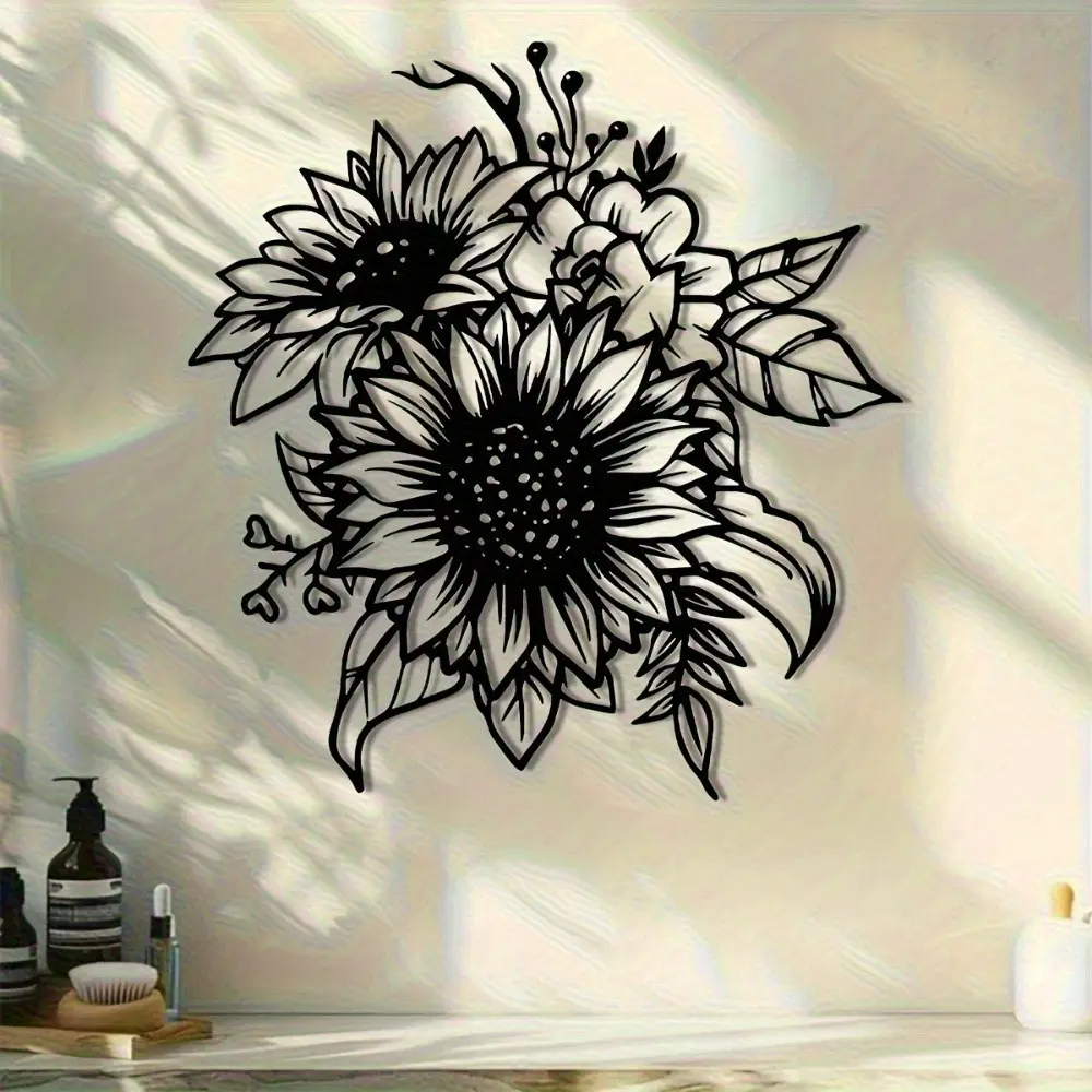 2D plan, 1 Artistic black sunflower metal wall decoration with classic petal and leaf design, durable indoor and outdoor decoration, Bathroom wall art, Artwork For Walls - perfect for housewarming, weddings, Mother's Day gifts, courtyard decoration
