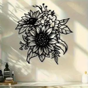 2D plan, 1 Artistic black sunflower metal wall decoration with classic petal and leaf design, durable indoor and outdoor decoration, Bathroom wall art - perfect for housewarming, weddings, Mother's Day gifts, courtyard decoration