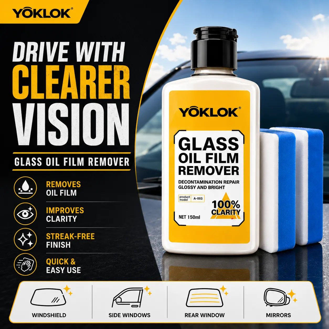 YOKLOK Glass & Windshield Oil Film Remover, Streak-Free Cleaner for Car Windows, Mirrors, Shower Doors and Home Glass