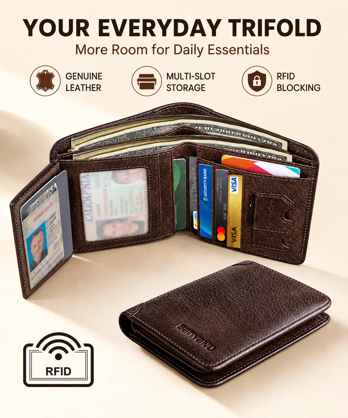 Men’s Genuine Leather Trifold Wallet with RFID Blocking, Large Capacity Multi-Card Organizer with 2 Bill Compartments & ID Window, Everyday Wallet for Men, Brown/Coffee Brown/Black